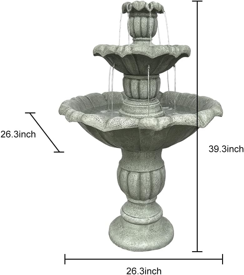 SunJet 39.3' High Modern Concrete Outdoor Water Fountain - 3 Tiered Large Floor Water Fountain and Waterfalls with Electric Pump for Garden, Patio, Yard, and Deck Decor, Featuring Natural Stone Look