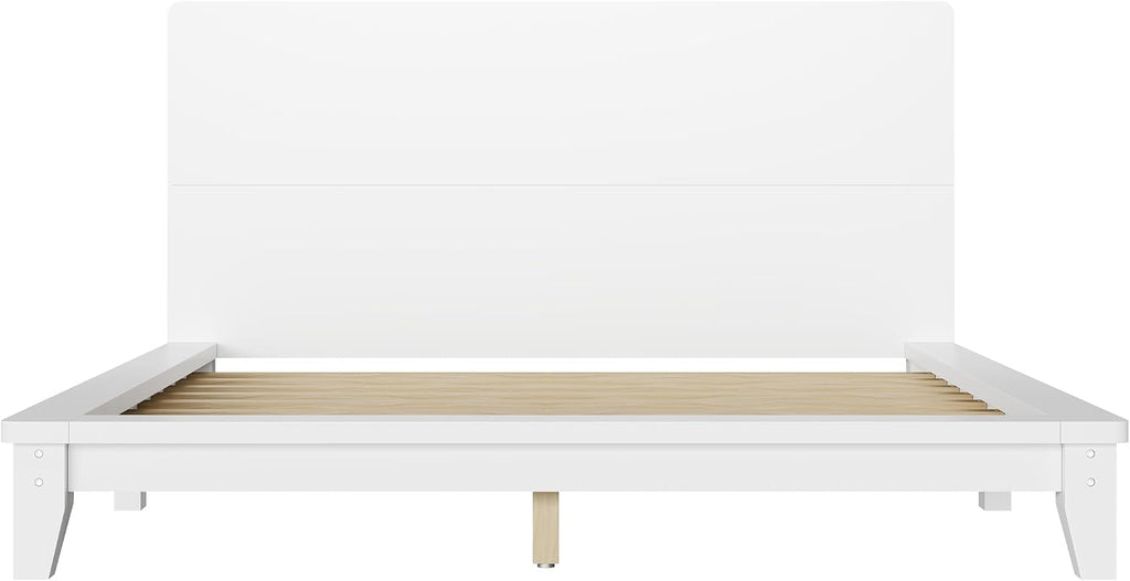 Merax Full Size Solid Wood Platform Bed Frame, Modern Comfortable with Headboard, Slat Support, No Box Spring Needed, White