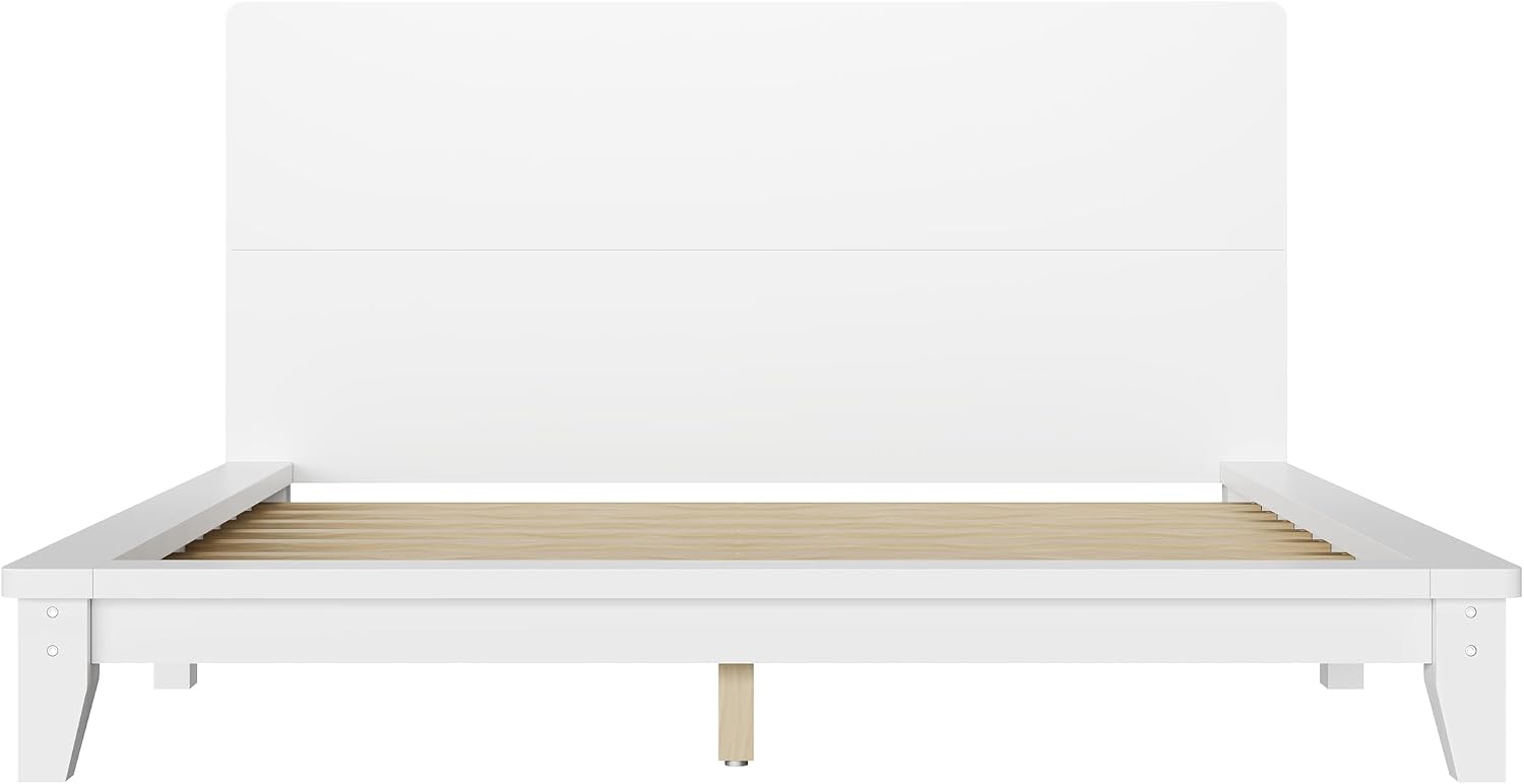 Merax Full Size Solid Wood Platform Bed Frame, Modern Comfortable with Headboard, Slat Support, No Box Spring Needed, White