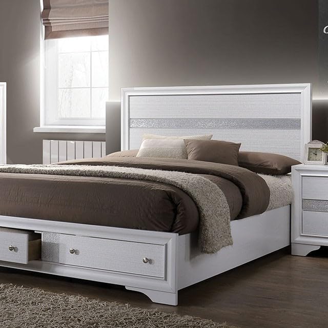 MASARA 5-Piece Queen Bedroom Set, Contemporary White with Silver Accents, Panel Bed with Storage.