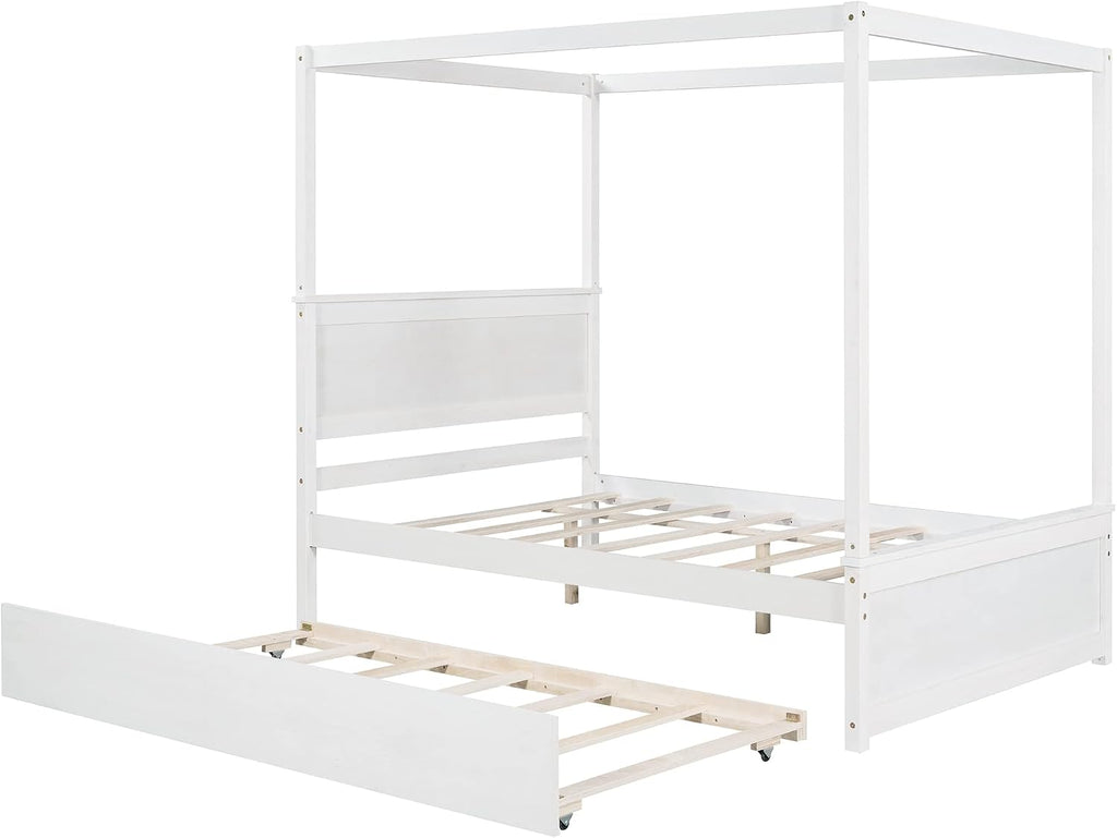 Harper & Bright Designs Wood Canopy Bed with Trundle Bed,Full Size Canopy Platform Bed with Support Slats .No Box Spring Needed, Brushed White
