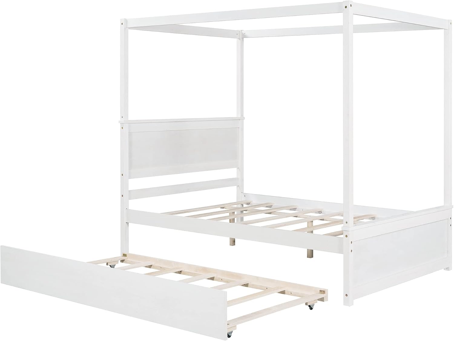 Harper & Bright Designs Wood Canopy Bed with Trundle Bed,Full Size Canopy Platform Bed with Support Slats .No Box Spring Needed, Brushed White