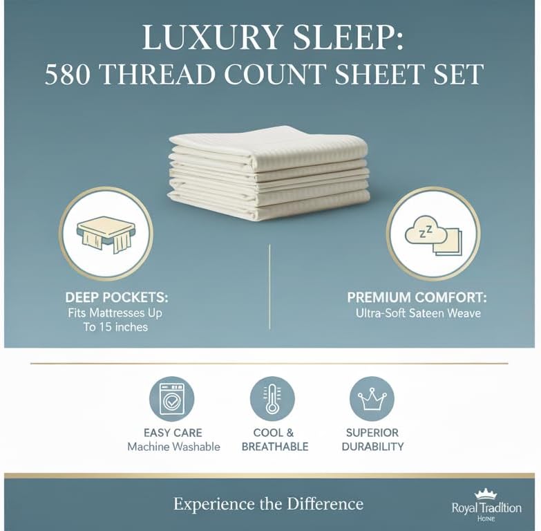 Royal Tradition Split King Sheet Set for Adjustable Beds – 580 Thread Count 100% Cotton Damask Striped Sheets, Luxury Soft & Durable, Burgundy