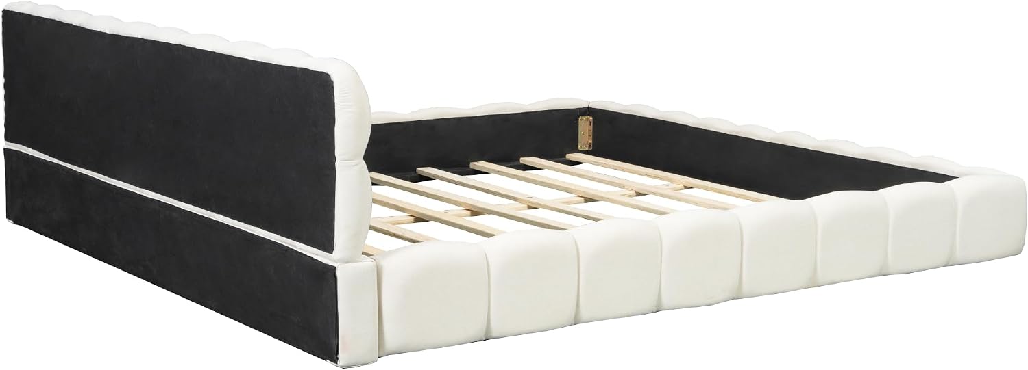 King Size Upholstered Platform Bed with Thick Fabric, Solid Wood Grounded Bed Frame with Cloud Soft Headboard, Modern Low Profile Design for Bedroom, No Box Spring Needed (Beige-X281)