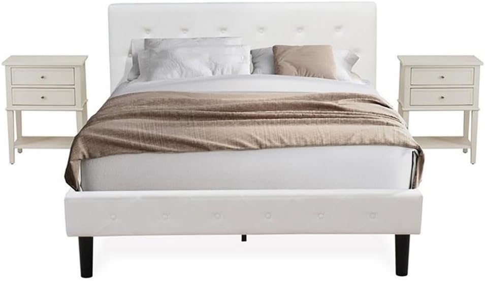 East West Furniture NL19Q-2VL0C 3 Piece Queen Size Bedroom Set - Button Tufted Bed - Linen white Velvet Fabric Upholstered Headboard and a Wire Brushed Butter Cream Finish Nightstand