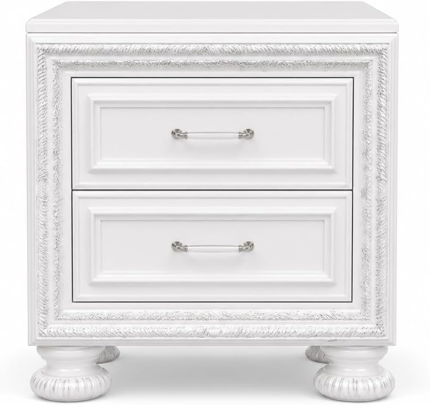 First of a Kind Contemporary Wood Bedside Table Penta Collection Pearl White Finish Modern Structured Design Nightstand Carved Detailing Elegant Coordinated Furniture Piece
