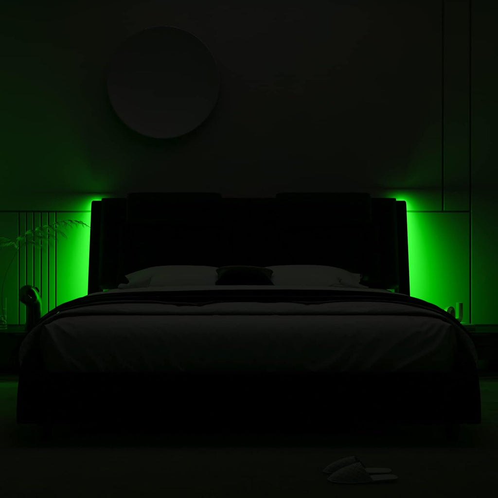 Keyluv Queen Size LED Bed Frame with Adjustable Headboard & Removable Pillow, PU Leather Upholstered Platform Bed, Wave-Like Curve Safety Design, Solid Wooden Slats Support, Easy Assembly, Black