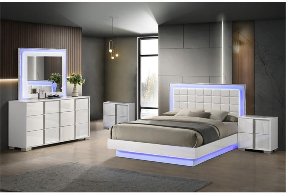 Best Quality Furniture White Wood Lacquer Platform Queen Size Bedroom Set with Blue LED Lighting