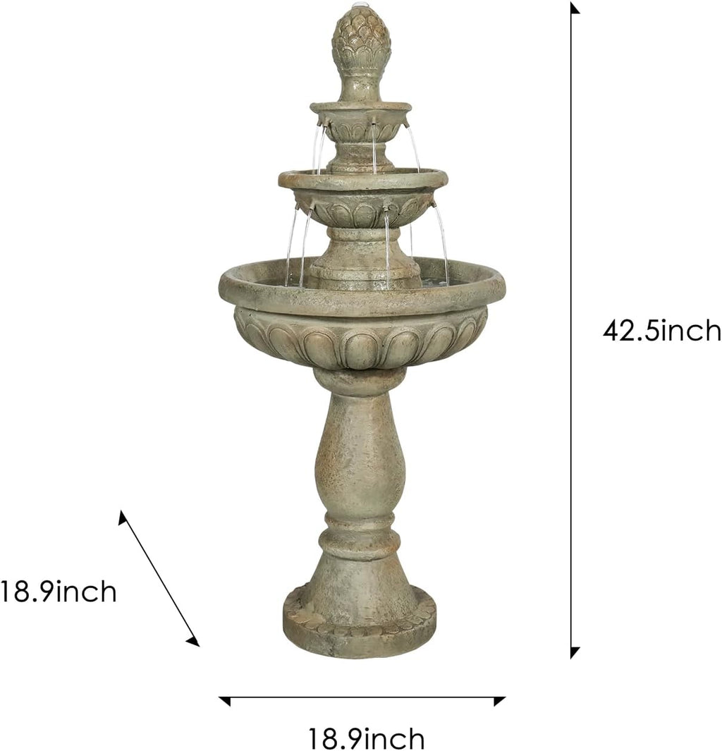 SunJet 42.5' High 3-Tiers Modern Concrete Outdoor Water Fountain - Round Large Outdoor Fountains and Waterfalls for Garden, Patio, Yard, and Deck Decor, Featuring Natural Stone Look