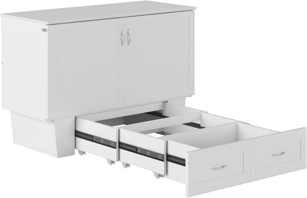 AFI, Monroe Full Murphy Bed Chest with 6' Mattress, Storage Drawer & Built-in USB Charger, White
