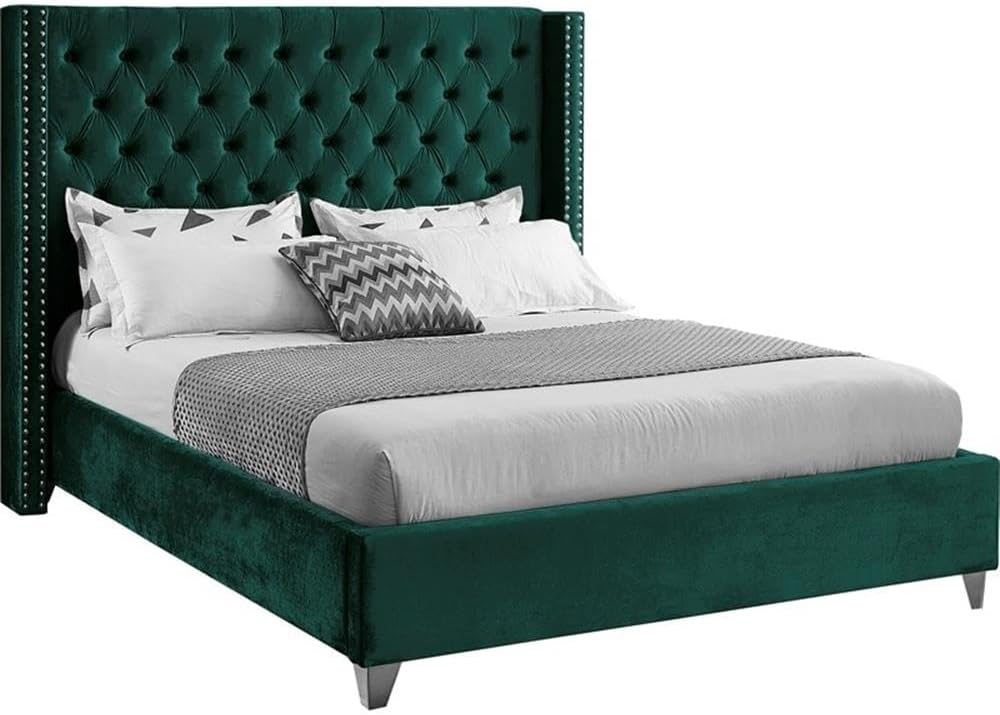 Meridian Furniture Aiden Collection Modern | Contemporary Velvet Upholstered Bed with Deep Button Tufting, Solid Wood Frame, and Custom Chrome Legs, King, Green