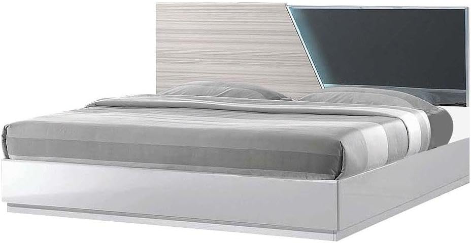 Modern 5-Piece Queen Size Bedroom Set, LED Lighting, High Gloss Lacquer Finish Wooden Bedroom Set, Zebra Gray