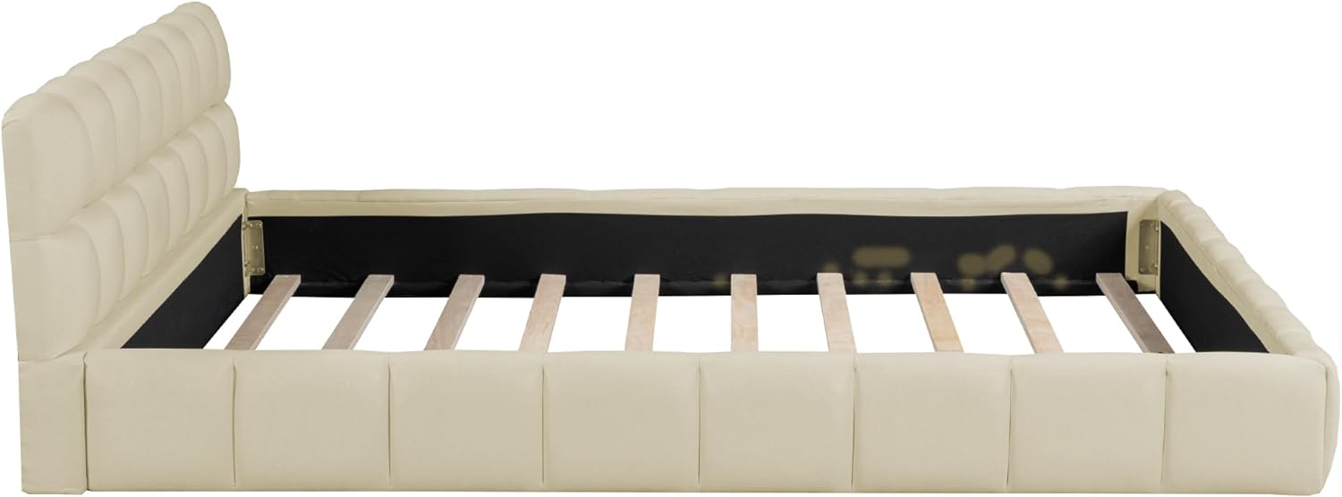 Queen Size Upholstered Platform Bed with Thick Fabric, Grounded Bed with Solid Frame,for Kids Teens Adults Bedroom Use (Beige@Grounded, Queen)