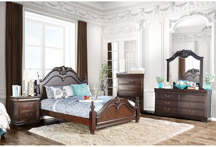 MASARA 5-Piece Traditional Queen Bedroom Set, Cherry Finish, Low Post Bed with Ornate Details.