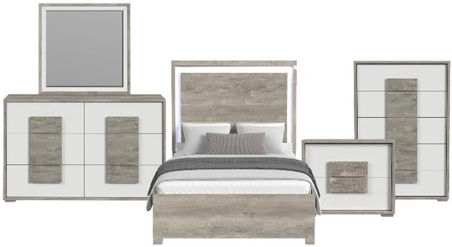 Pemberly Row Contemporary Wood Queen 5-Piece Bedroom Set, Dual Tone Finish, LED Headboard, USB Nightstand, Dovetail Drawers, Modern Design for Stylish and Functional Bedroom Decor