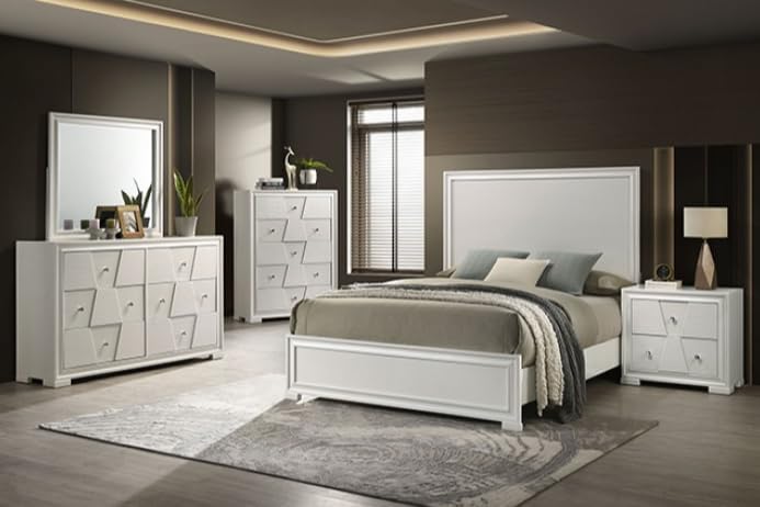 MASARA 5-Piece Contemporary Bedroom Set, Queen Size, White, Solid Rubberwood with Textured Panels.