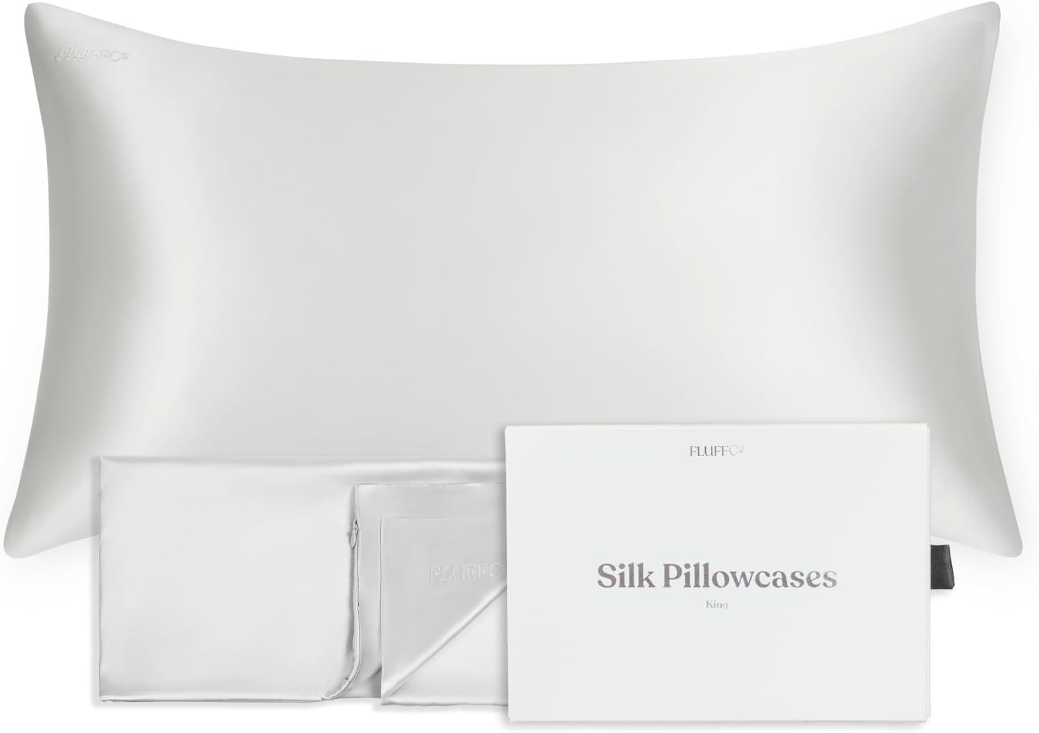 FluffCo 100% Pure Mulberry Silk Pillowcase - King Size 20' x 36' - 22 Momme 6A Grade Natural Silk for Hair and Skin Care - Luxurious Cooling Hotel Quality Sateen Body Pillowcase - Silver