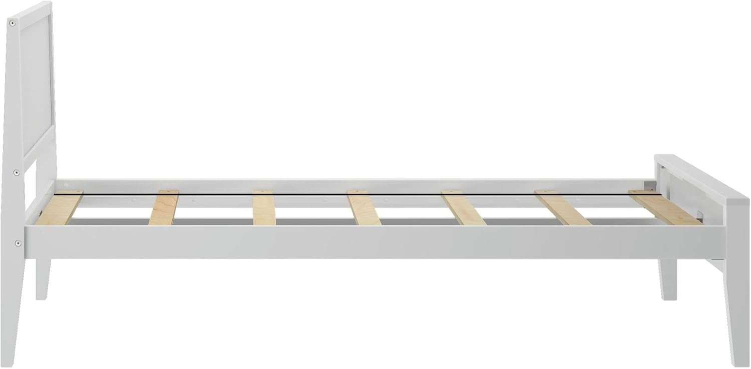 Plank+Beam Solid Wood Twin Bed Frame with Panel Headboard, Modern Twin Platform Bed with Wood Slat Support, No Box Spring Needed, White