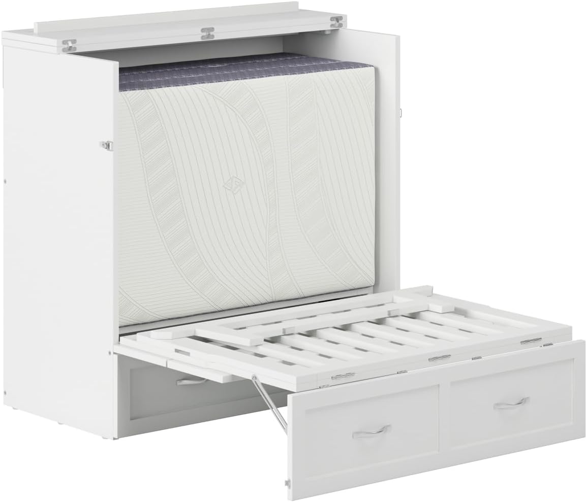 AFI, Northfield Murphy Bed Chest Twin XL with 6' Mattress, Storage Drawer & Built-in USB Charger, White