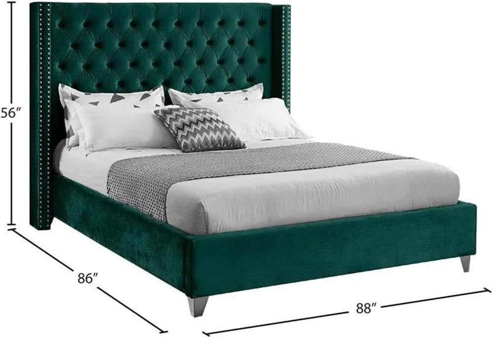 Meridian Furniture Aiden Collection Modern | Contemporary Velvet Upholstered Bed with Deep Button Tufting, Solid Wood Frame, and Custom Chrome Legs, King, Green