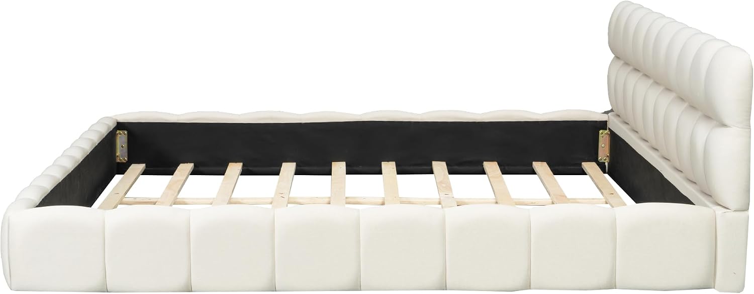 Merax Modern Tufted Platform Bed with Headboard King, Linen Upholstered Floor Bed Frame with Solid Frame, No Box Spring Needed, Beige