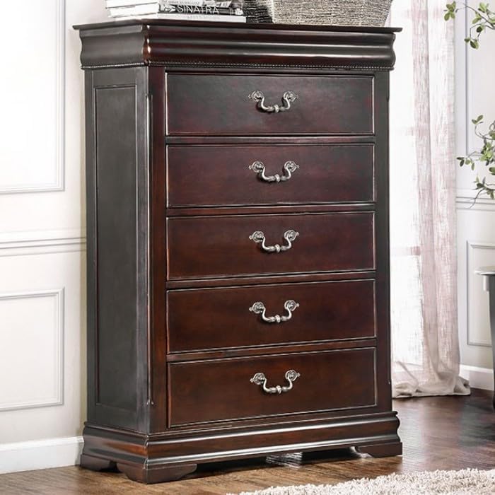 MASARA 5-Piece Traditional Queen Bedroom Set, Cherry Finish, Low Post Bed with Ornate Details.