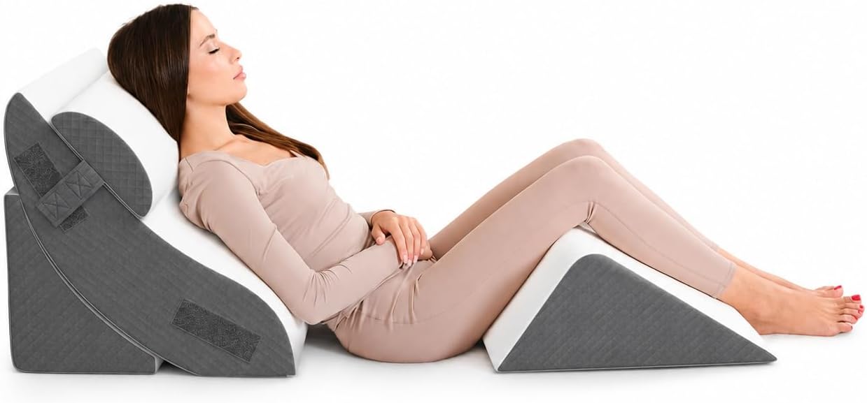 Kolbs Bed Wedge Pillow for Sleep Apnea, FSA Eligible Acid Reflux, and Back Pain Relief, with Chic Jacquard Cover - Headboard Wedges for Sleeping (4 Piece Wedge Set)