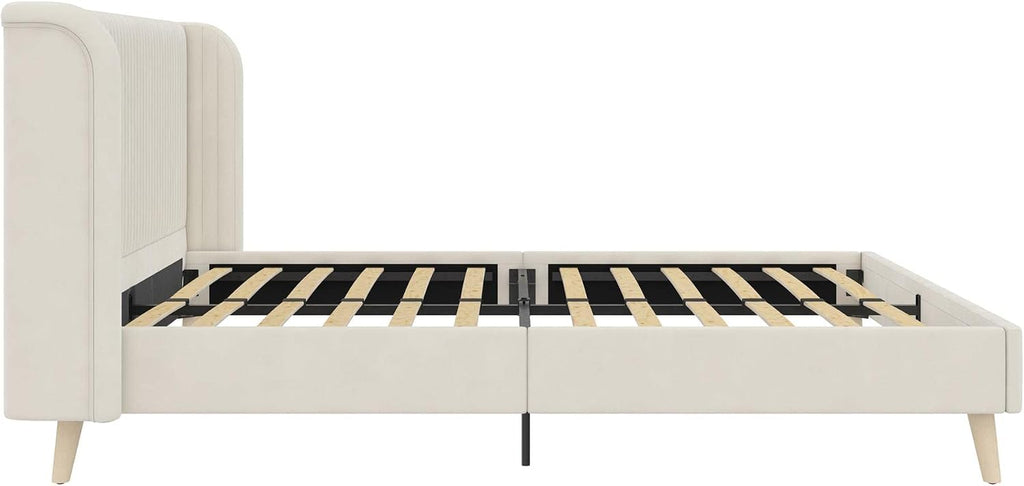 Novogratz Holly Upholstered Wingback Bed Frame, Queen, Ivory Velvet
