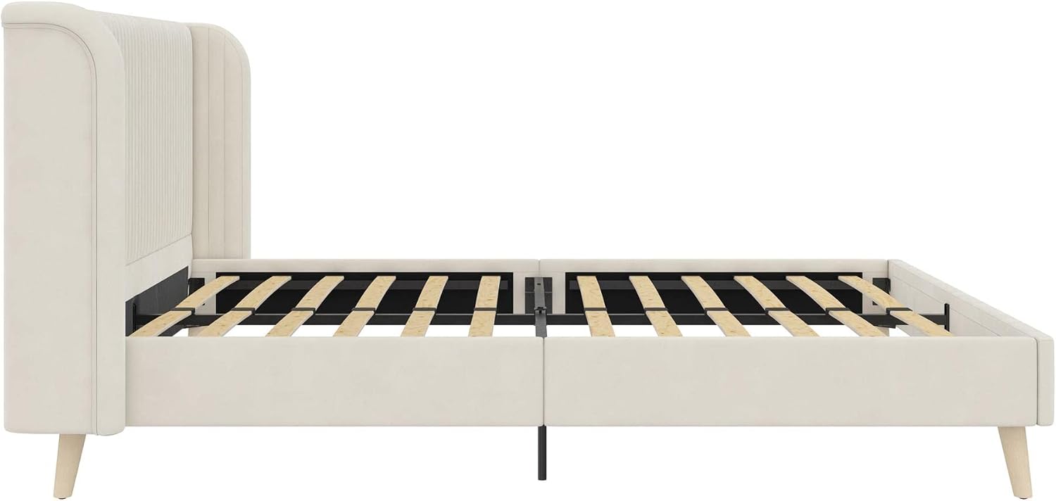 Novogratz Holly Upholstered Wingback Bed Frame, Queen, Ivory Velvet
