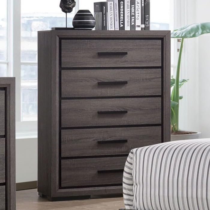 MASARA 5-Piece Queen Bedroom Set, Gray Wood Finish with Bookcase Headboard, Contemporary Style.