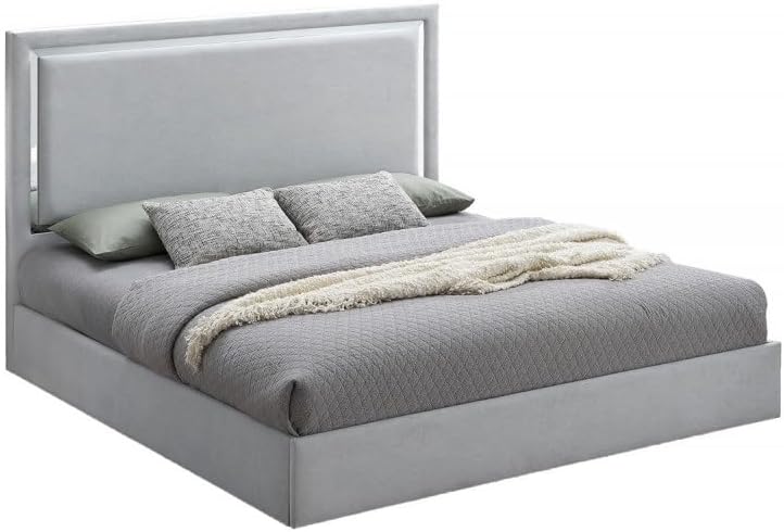 5-Piece Queen Size Modern Bedroom Set, Gray/White Wood Frame wih Mirror Trim, High Gloss Finish Bed Set