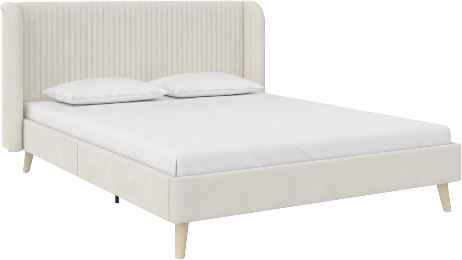 Novogratz Holly Upholstered Wingback Bed Frame, Queen, Ivory Velvet