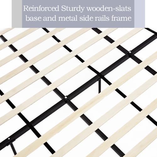 King Size Bed Frame With Headboard,54' Headboard Chenille Upholstered Platform Bed,Bedroom Furniture Sets No Springs Required,Metal Bed Frame With Wooden Slats for Strong Support,No Noise Free,Ivory