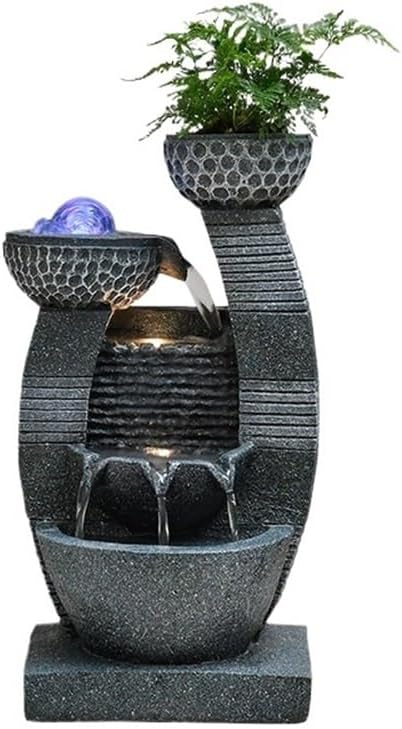 Indoor Fountain – Cascading Water Feature, Resin Fountains with LED Lights/Rolling Ball/Automatic Pump for Home, Decorative Tabletop Waterfall with Pot to Grow Plant by Yourself(B)
