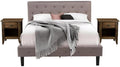East West Furniture NL14Q-2GA07 3 Piece Bedroom Set - Button Tufted Queen Size Bed - Brown Taupe Velvet Fabric Upholstered Headboard with and a Distressed Jacobean Finish Nightstand
