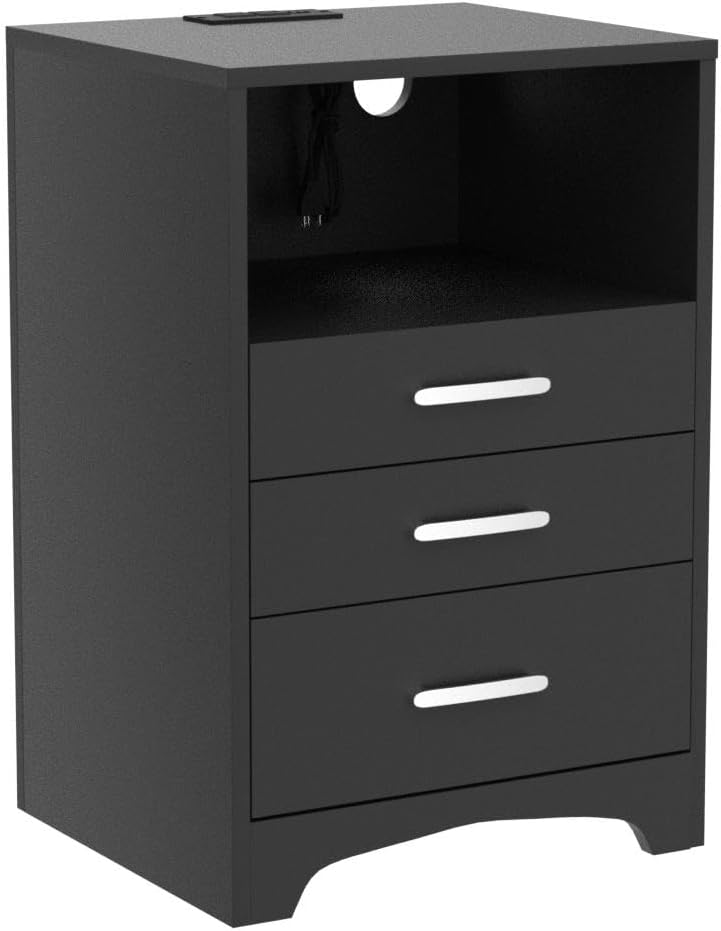 Black Nightstand Set of 2, 3 Drawer Nightstand with Charging Station Side Table with Open Storage Bedside End Table NightStands Storage Cabinet for Bedroom