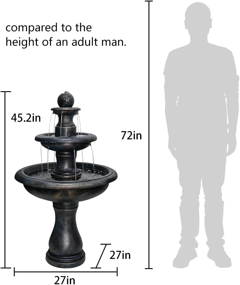 SunJet 45.2' High 3-Tiers Modern Concrete Outdoor Water Fountain - Round Large Outdoor Fountains and Waterfalls for Garden, Patio, Yard, and Deck Decor, Featuring Natural Stone Look (Black, 45.2inch)