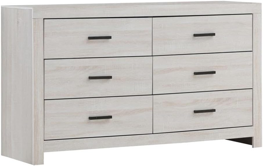 Pemberly Row 5-Piece Queen Panel Bedroom Set, Coastal White Finish, Includes Bed, Nightstand, Dresser, Mirror, Chest, Asian Tropical Wood, Rustic Style, Vertical Paneling, Brushed Nickel Hardware