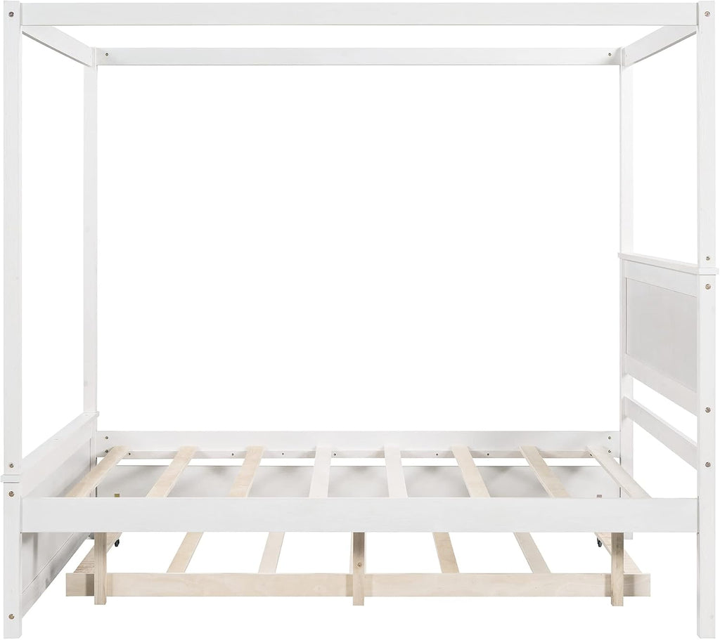 Harper & Bright Designs Wood Canopy Bed with Trundle Bed,Full Size Canopy Platform Bed with Support Slats .No Box Spring Needed, Brushed White