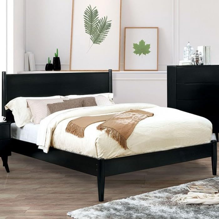 MASARA 4-Piece Mid-Century Modern Queen Bedroom Set in Black Finish, Engineered Solid Wood, Wood Veneer, Others