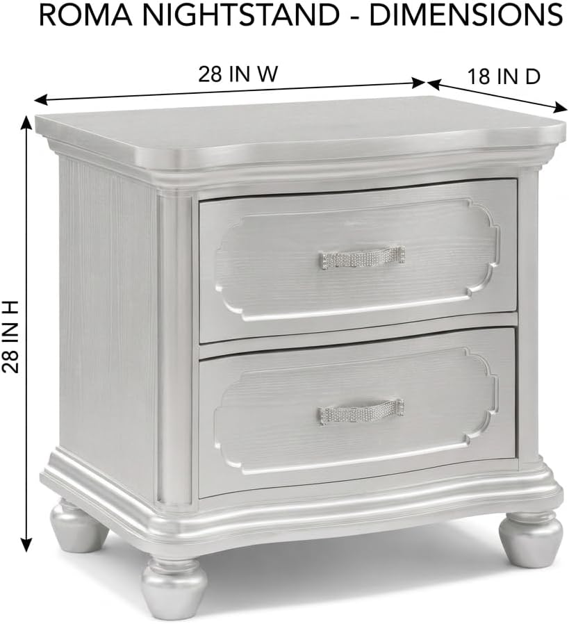 First of a Kind Silver Wood Traditional Nightstand with Drawers and Carved Design - 28-Inch Wide Bedside Table, Classic European Style Bedroom Furniture