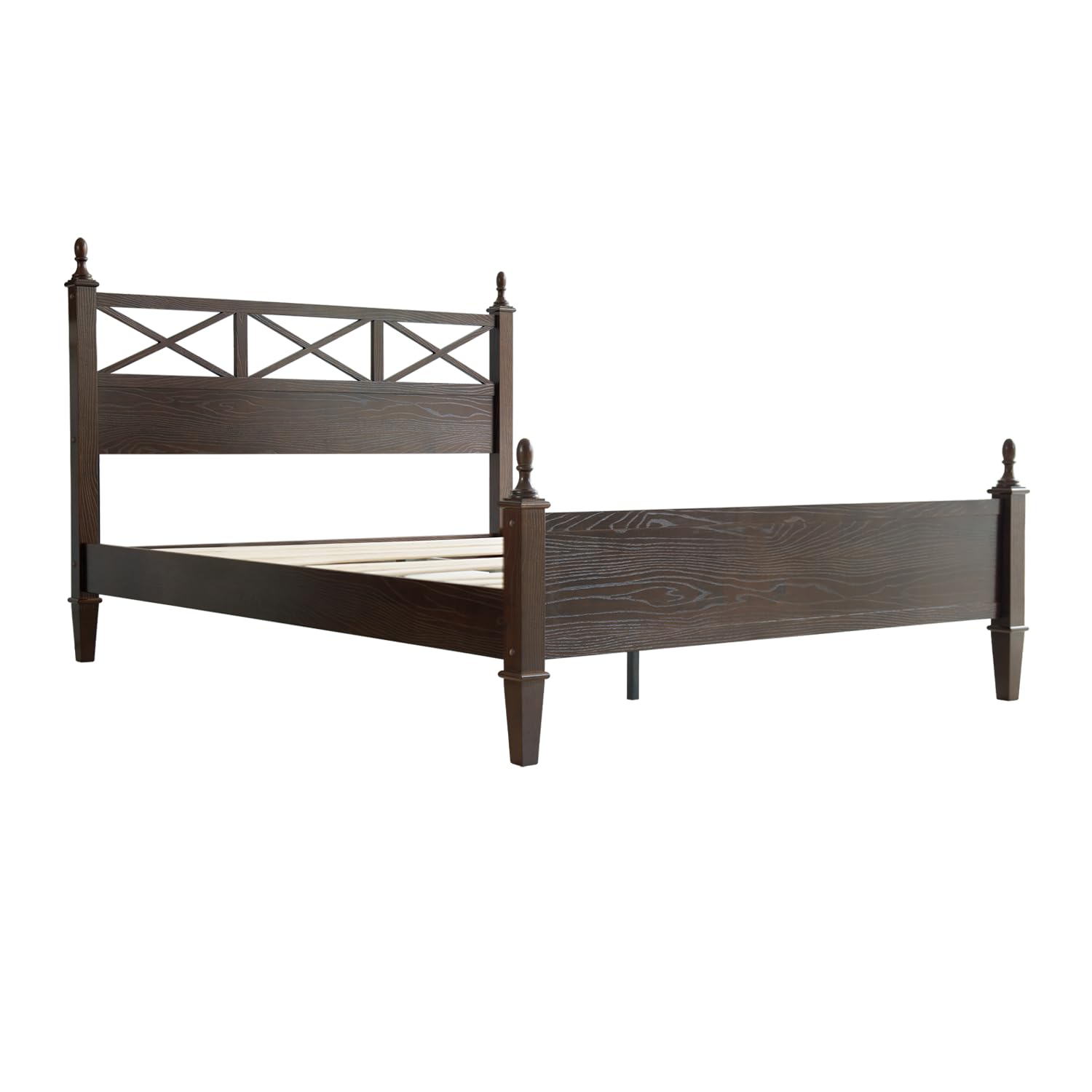 Queen Size Bed Frame with Headboard & Footboard, Solid Wood Platform Bed, Central Metal Legs, 12 Sturdy Slatted Base, Noise-Free & Anti-Slip, No Box Spring Needed, Dark Roast Oak Finish RIQ-32