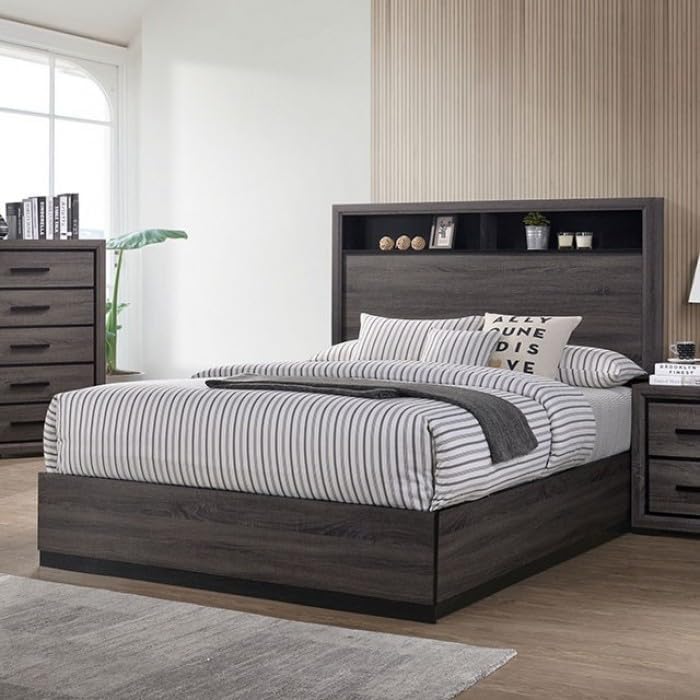 MASARA 5-Piece Queen Bedroom Set, Gray Wood Finish with Bookcase Headboard, Contemporary Style.