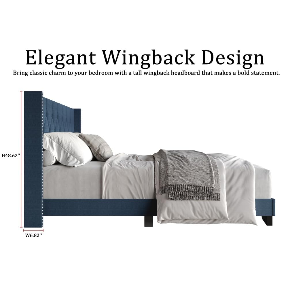 Queen Button Tufted Wingback Linen Upholstered Bed, Charcoal Grey