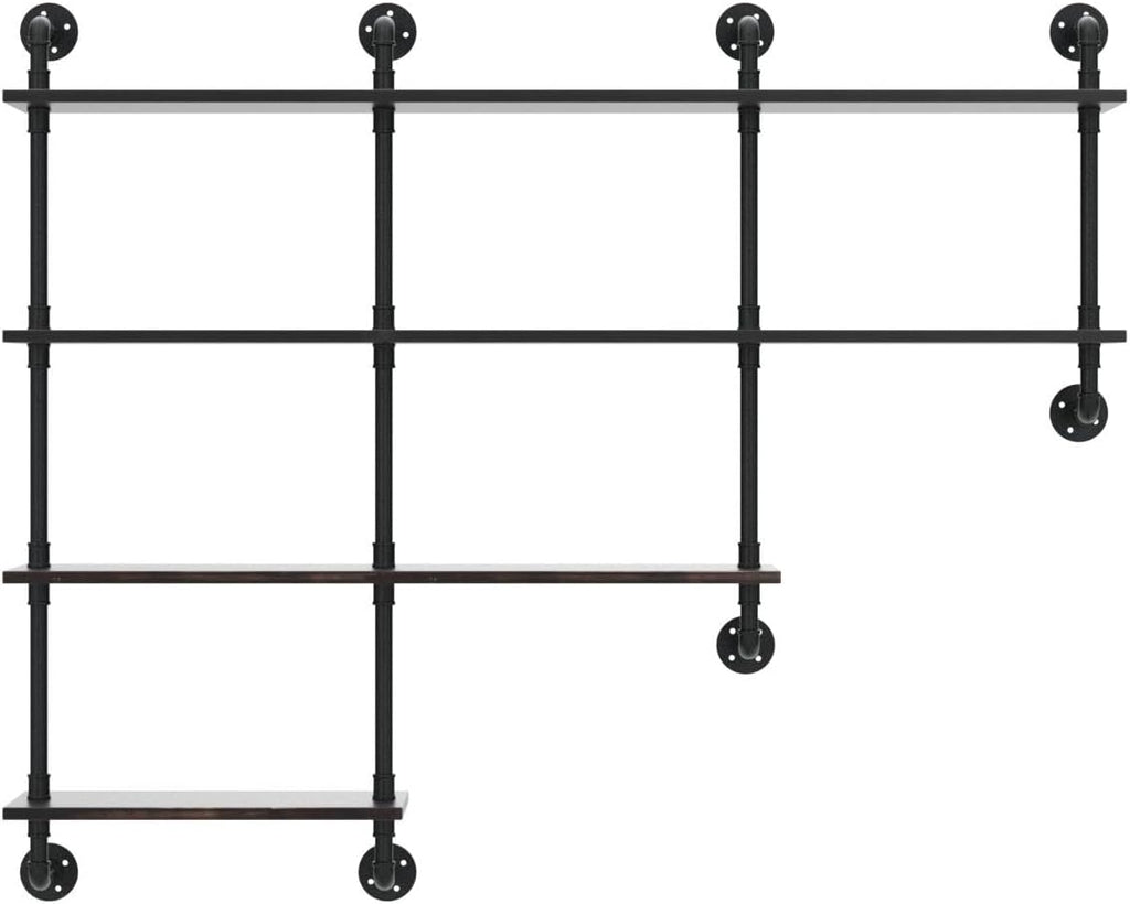 MBQQ 4-Tiers 63inch Industrial Pipe Shelving,Rustic Wooden&Metal Floating Shelves,Home Decor Shelves Wall Mount with Wine Rack,Decorative Accent Wall Book Shelf for Kitchen,Retro Black