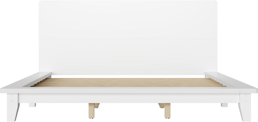 Merax King Size Solid Wood Platform Bed Frame, Modern Comfortable with Headboard, Slat Support, No Box Spring Needed, White