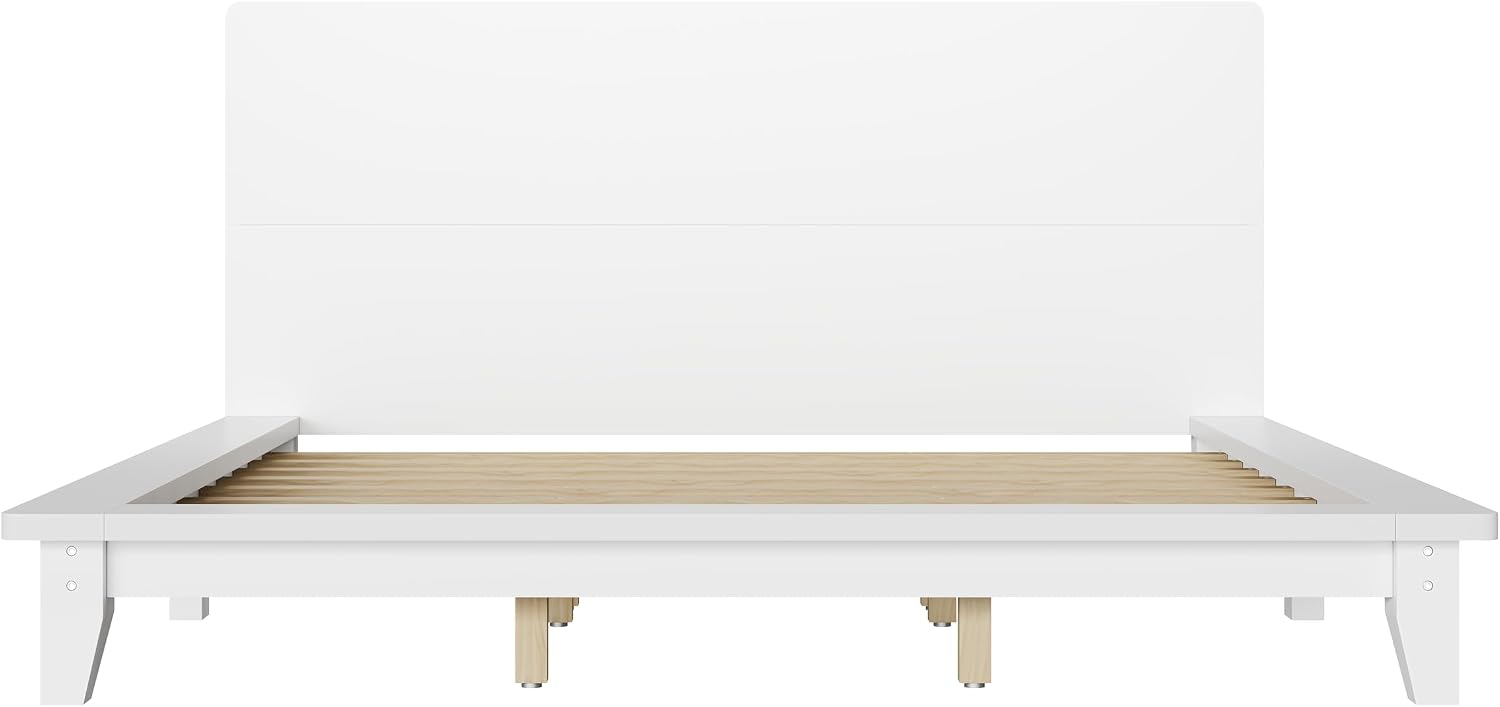 Merax King Size Solid Wood Platform Bed Frame, Modern Comfortable with Headboard, Slat Support, No Box Spring Needed, White