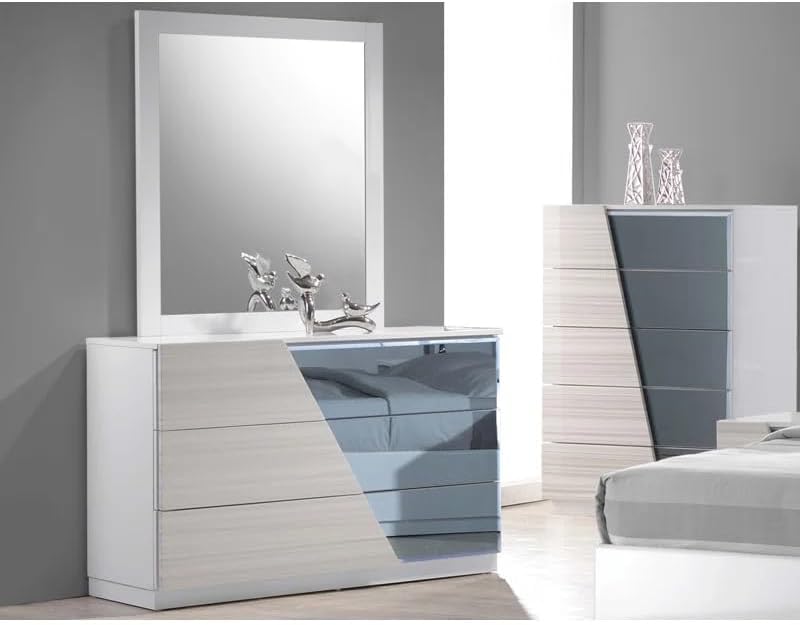 Modern 5-Piece Queen Size Bedroom Set, LED Lighting, High Gloss Lacquer Finish Wooden Bedroom Set, Zebra Gray