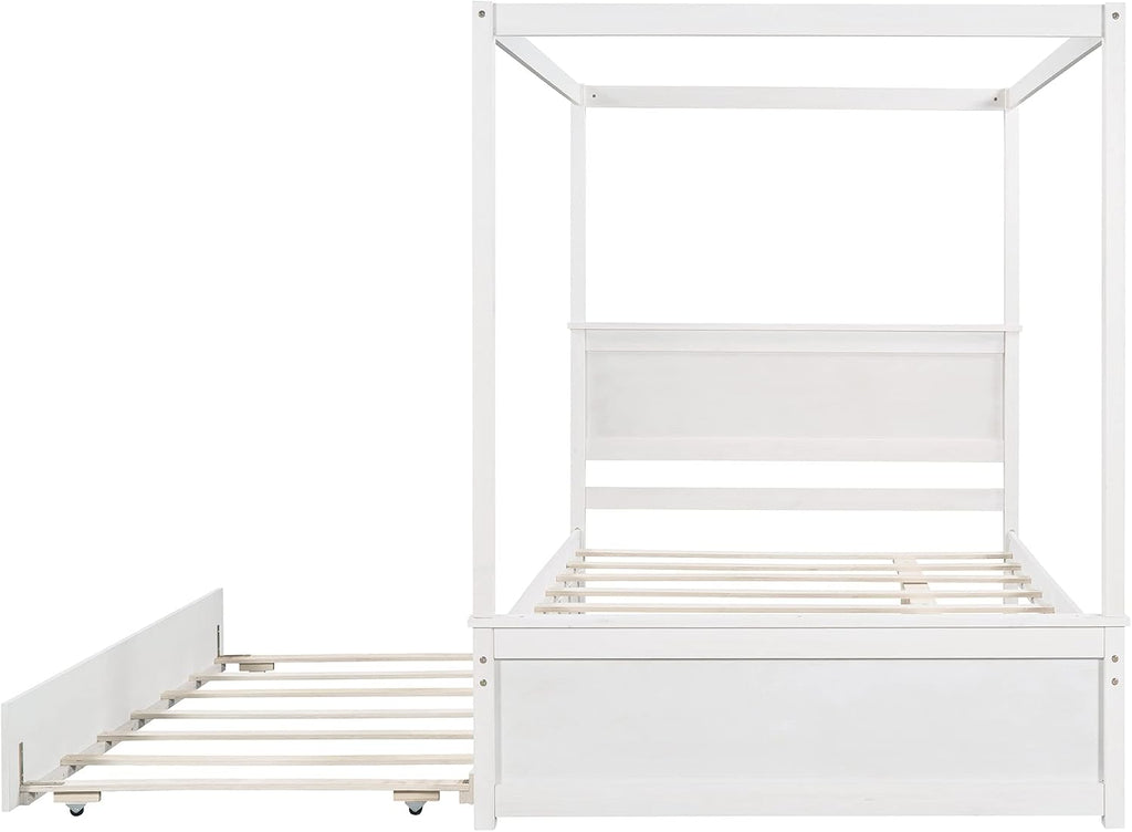 Harper & Bright Designs Wood Canopy Bed with Trundle Bed,Full Size Canopy Platform Bed with Support Slats .No Box Spring Needed, Brushed White