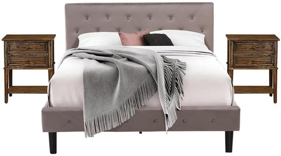 East West Furniture NL14Q-2VL07 3 Pc Bed Set - Queen Size Button Tufted Bed - Brown Taupe Velvet Fabric Upholstered Headboard and a Distressed Jacobean Finish Nightstand